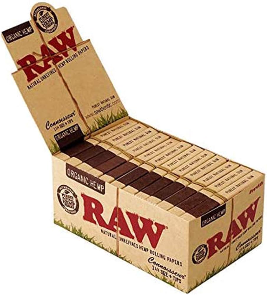RAW - Organic Hemp Connoisseur 1 1/4 Size Slim + Tips - Rolling Papers (24 x 50 Papers x 50 Tips) - MK Distro