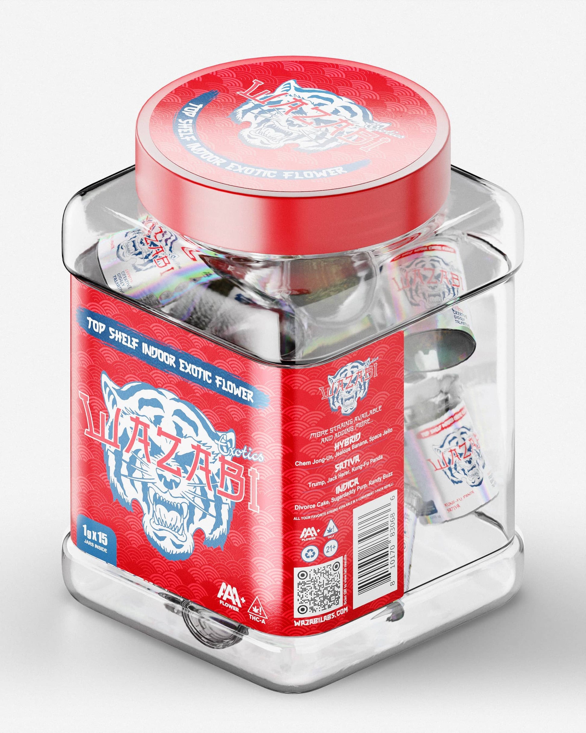 Wazabi Exotics - Top Shelf Indoor Exotic 1gm Flower (THC-A) 3 in 1 Jar - (Jar of 15) - MK Distro