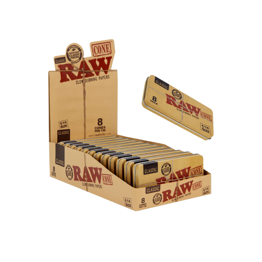 Raw - Classic 1 1/4 Size Tin Packs- Cones (12 x 8 Cones) - MK Distro