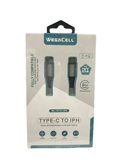 WegaCell - Fast Charge 8ft Data Cable (Type-C to IPH) - Electronics (20W Power Output) - MK Distro