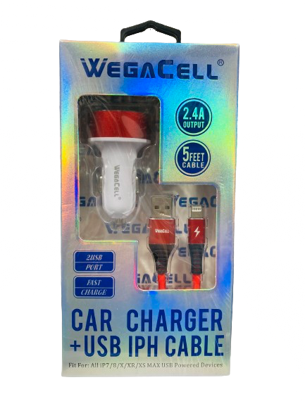 WegaCell - 2USB Port Fast Charge (Car Charger + 5ft USB IPH Cable) - Electronics (2.4A Output) - MK Distro