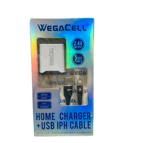 WegaCell - 2USB Port Fast Charge (Home Charger + 5ft USB IPH Cable) - Electronics (2.4A Output) - MK Distro