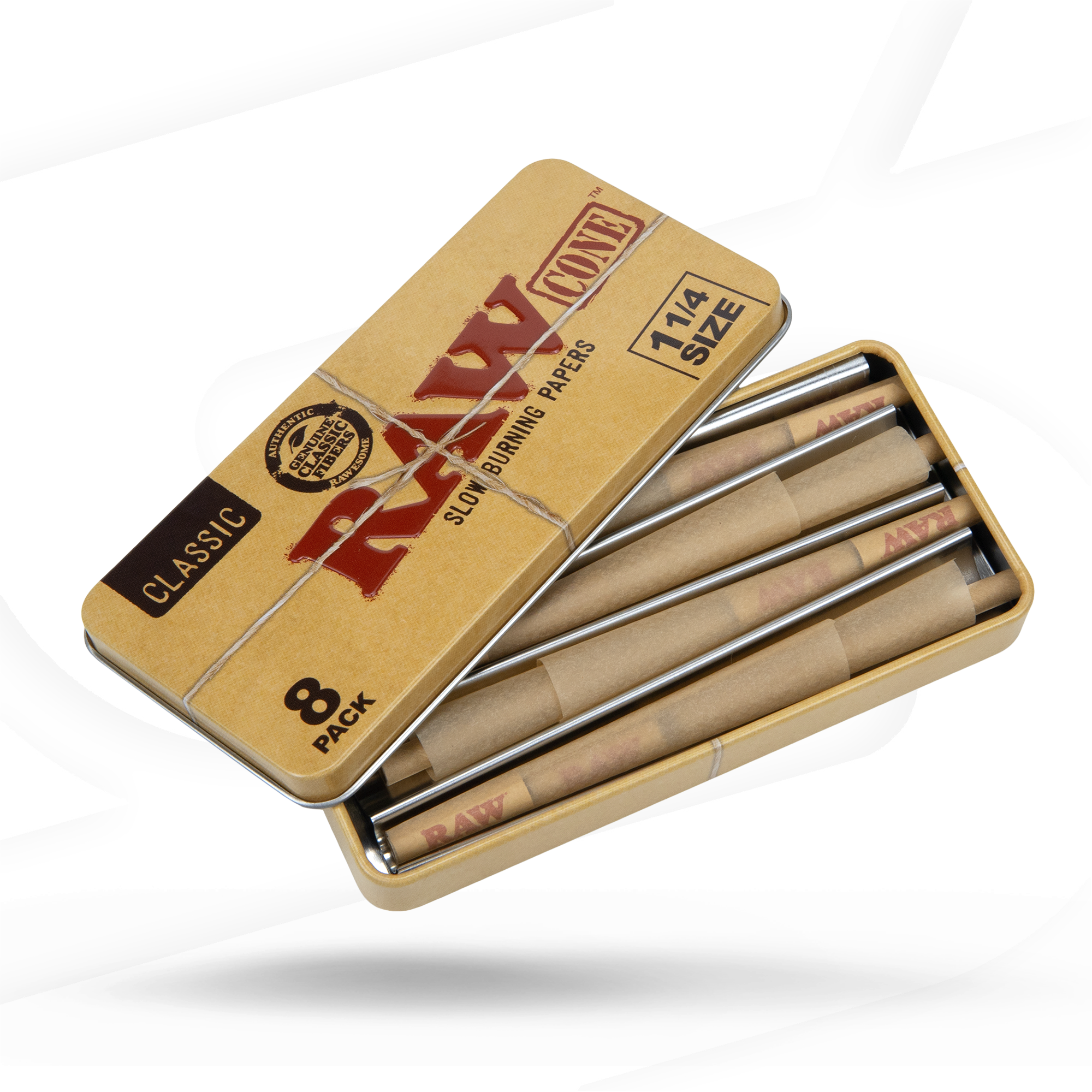 Raw - Classic 1 1/4 Size Tin Packs- Cones (12 x 8 Cones) - MK Distro